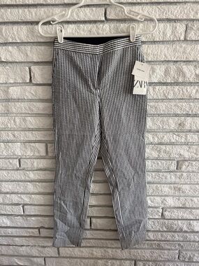 ZARA Blue & White Vertical Stripe Cropped Trousers skinny elastic waist XS